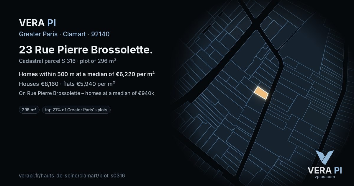 23 Rue Pierre Brossolette, Clamart at night – the plot lit, the parcels around coloured by the prices near them