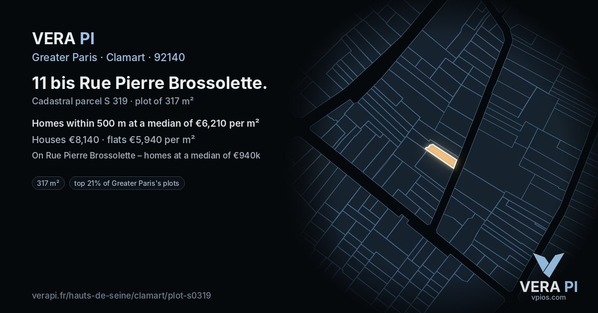 11 bis Rue Pierre Brossolette, Clamart at night – the plot lit, the parcels around coloured by the prices near them