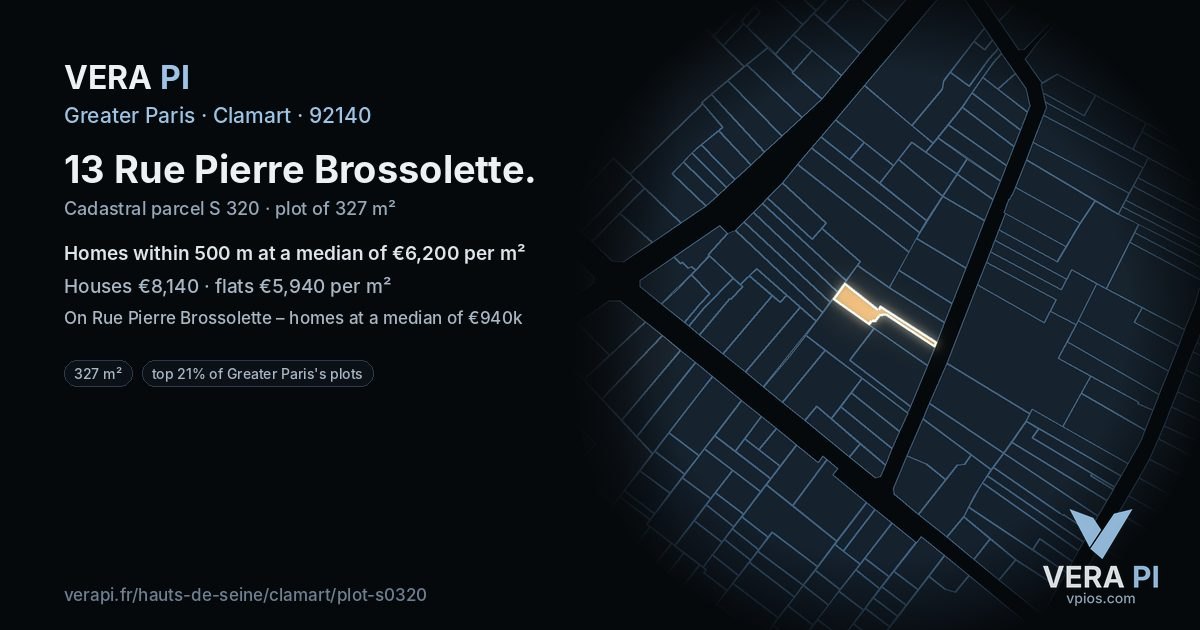 13 Rue Pierre Brossolette, Clamart at night – the plot lit, the parcels around coloured by the prices near them