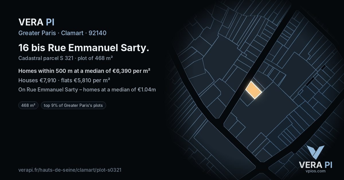 16 bis Rue Emmanuel Sarty, Clamart at night – the plot lit, the parcels around coloured by the prices near them