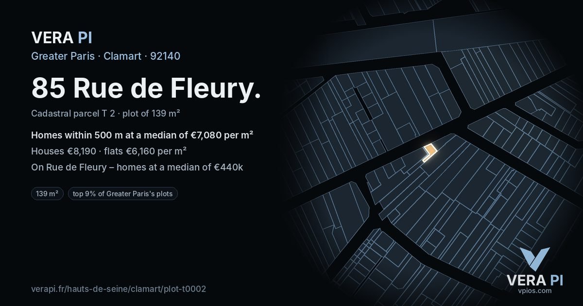 85 Rue de Fleury, Clamart at night – the plot lit, the parcels around coloured by the prices near them