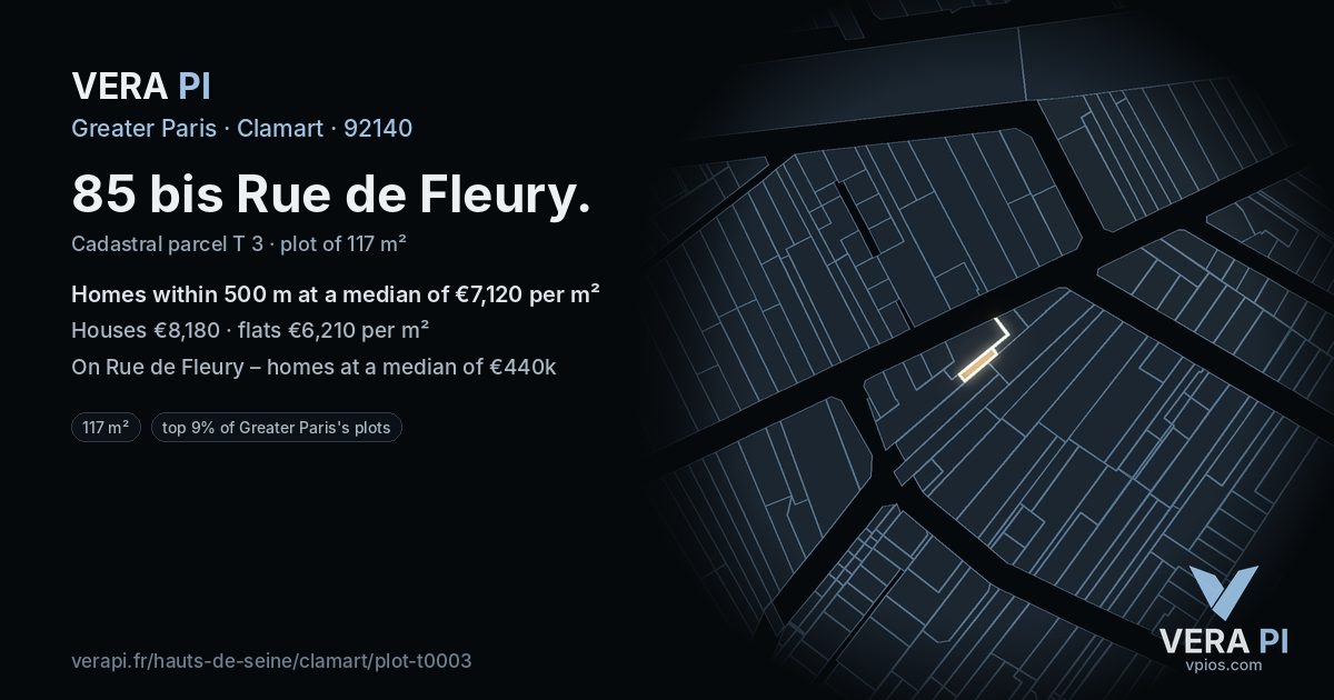 85 bis Rue de Fleury, Clamart at night – the plot lit, the parcels around coloured by the prices near them