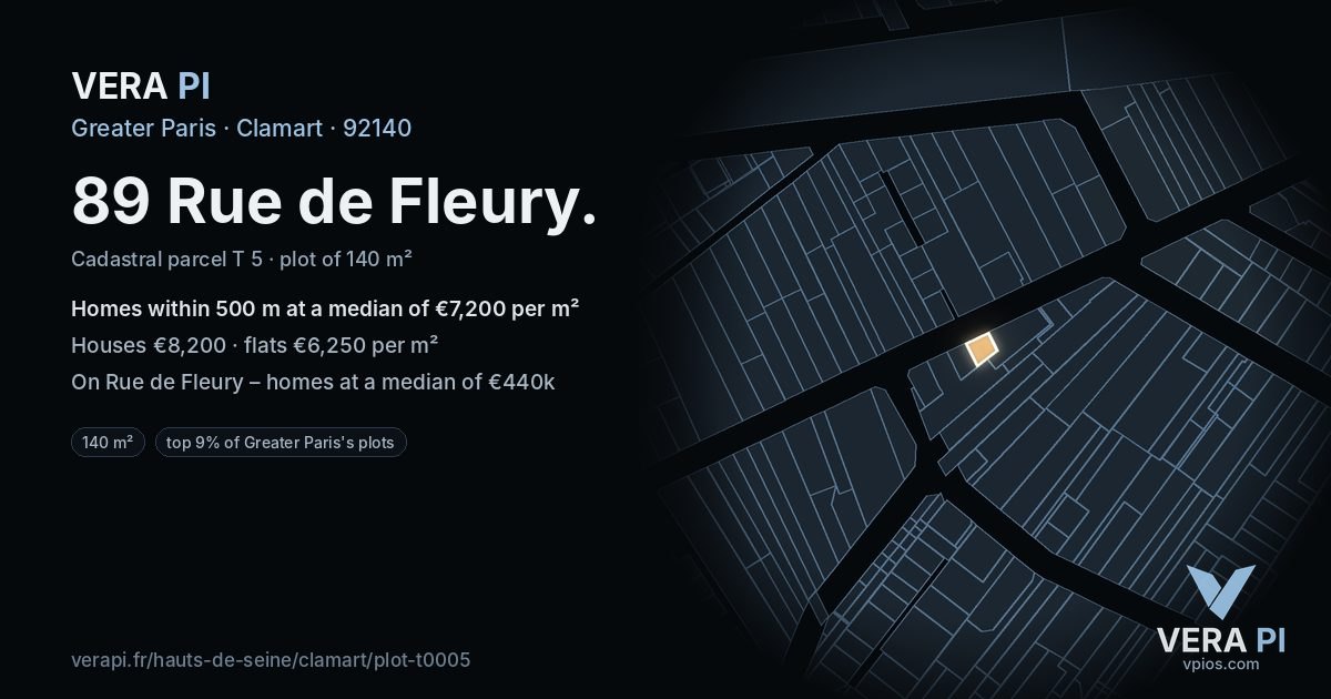 89 Rue de Fleury, Clamart at night – the plot lit, the parcels around coloured by the prices near them