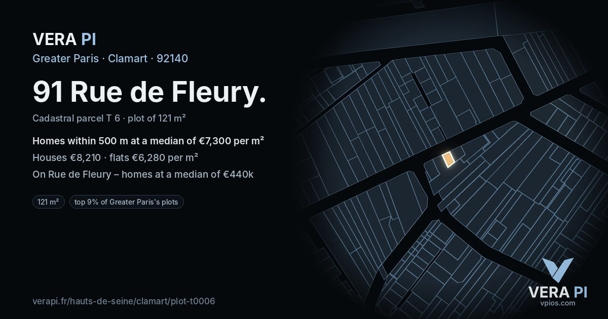 91 Rue de Fleury, Clamart at night – the plot lit, the parcels around coloured by the prices near them
