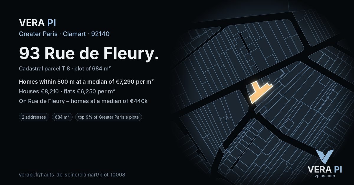 93 Rue de Fleury, Clamart at night – the plot lit, the parcels around coloured by the prices near them