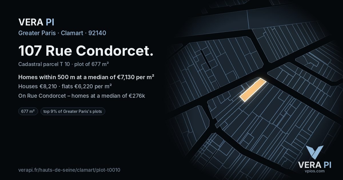 107 Rue Condorcet, Clamart at night – the plot lit, the parcels around coloured by the prices near them