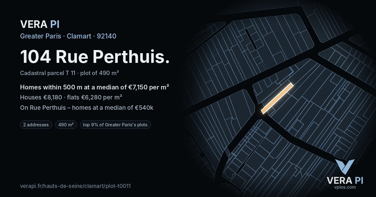 104 Rue Perthuis, Clamart at night – the plot lit, the parcels around coloured by the prices near them