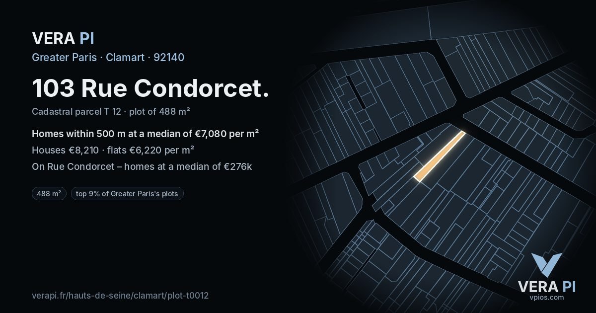 103 Rue Condorcet, Clamart at night – the plot lit, the parcels around coloured by the prices near them
