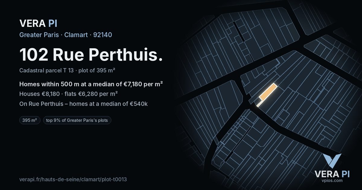 102 Rue Perthuis, Clamart at night – the plot lit, the parcels around coloured by the prices near them