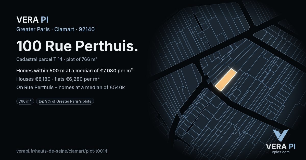 100 Rue Perthuis, Clamart at night – the plot lit, the parcels around coloured by the prices near them