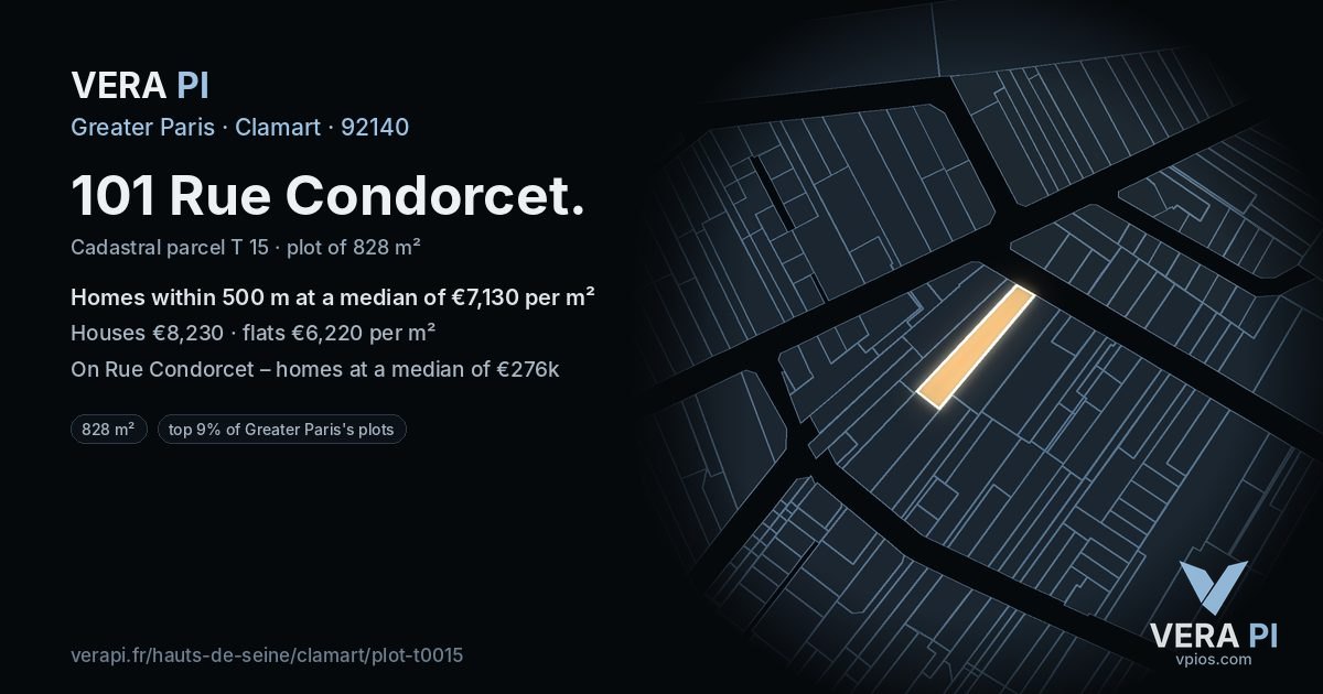 101 Rue Condorcet, Clamart at night – the plot lit, the parcels around coloured by the prices near them