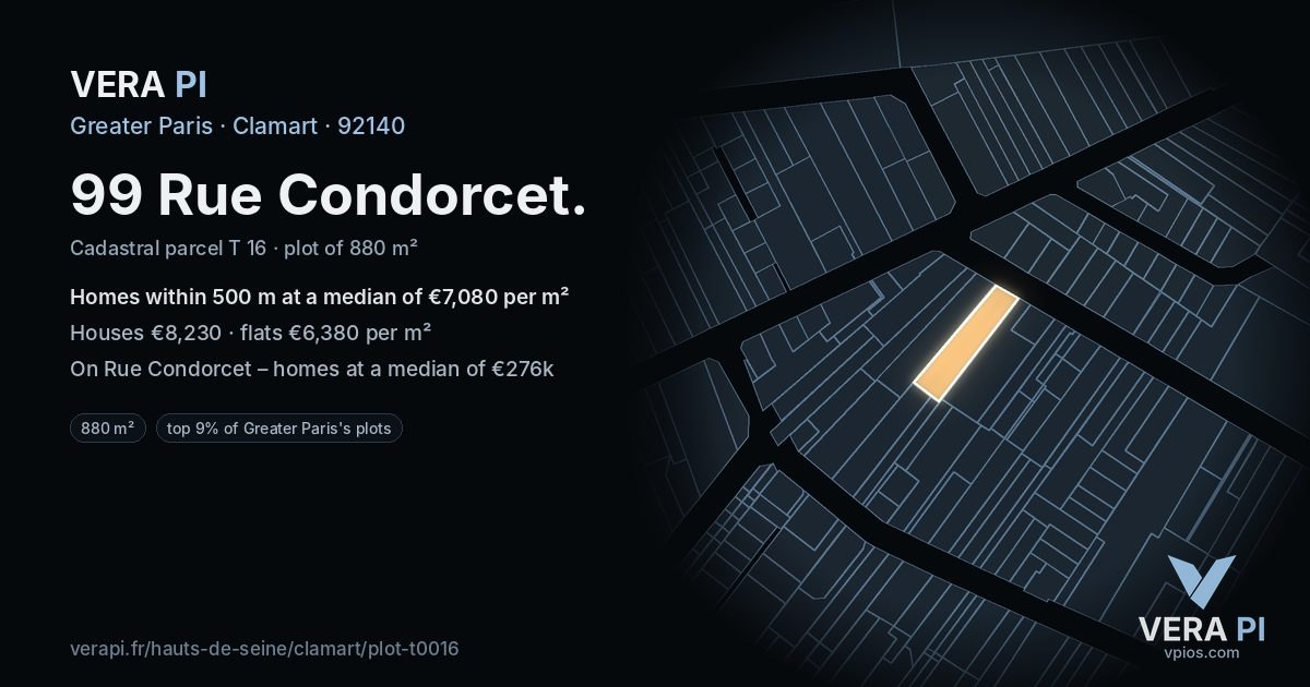 99 Rue Condorcet, Clamart at night – the plot lit, the parcels around coloured by the prices near them