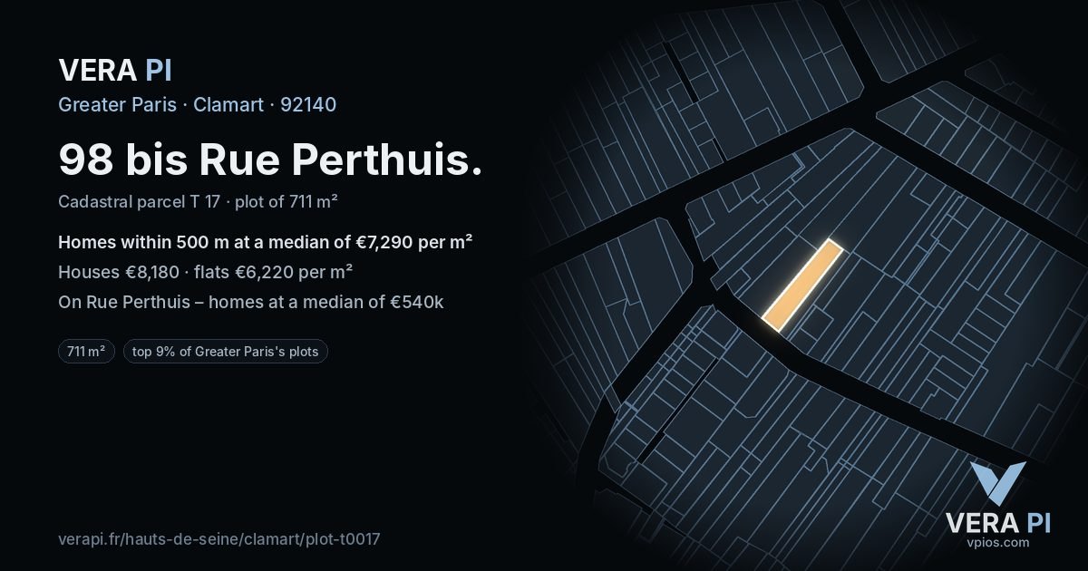 98 bis Rue Perthuis, Clamart at night – the plot lit, the parcels around coloured by the prices near them