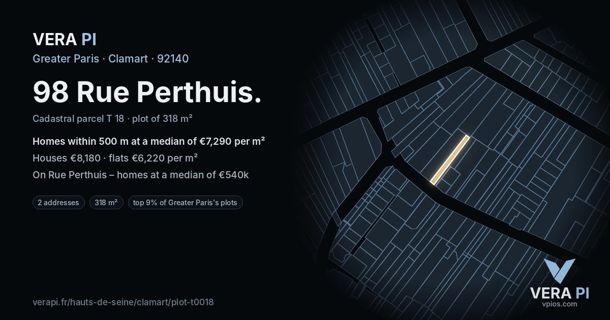 98 Rue Perthuis, Clamart at night – the plot lit, the parcels around coloured by the prices near them