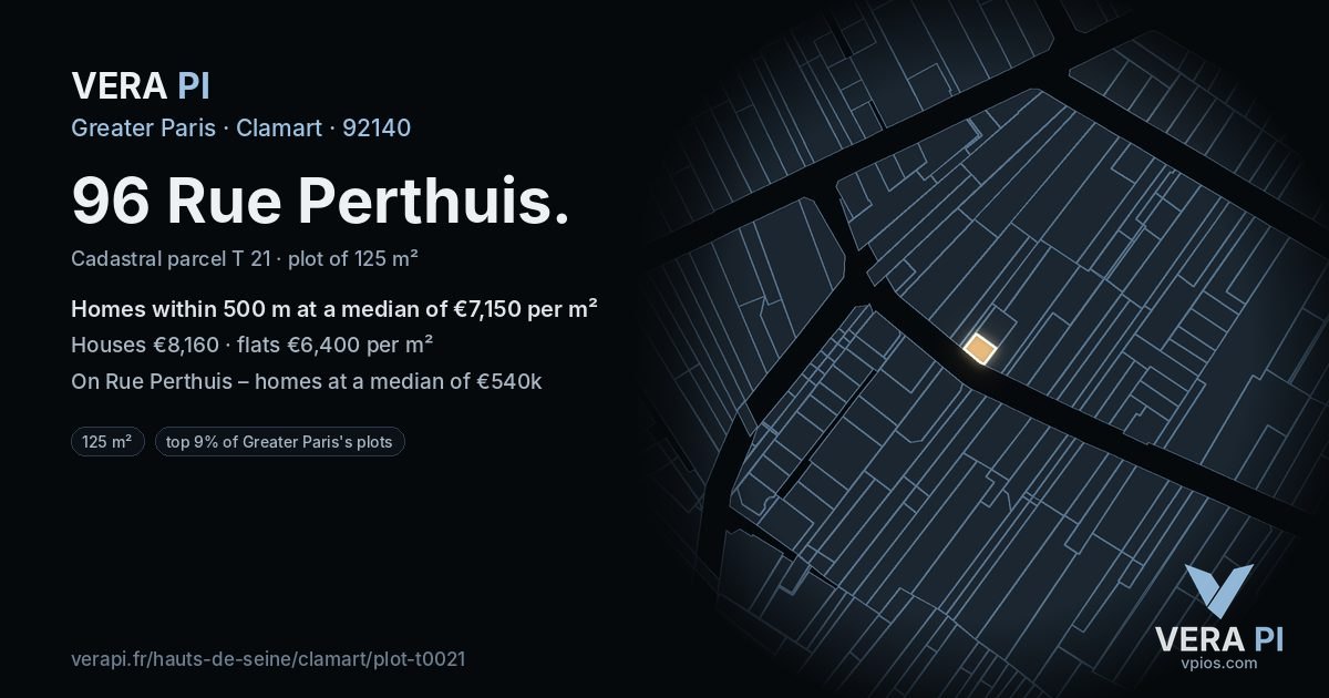 96 Rue Perthuis, Clamart at night – the plot lit, the parcels around coloured by the prices near them