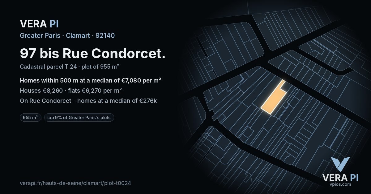 97 bis Rue Condorcet, Clamart at night – the plot lit, the parcels around coloured by the prices near them
