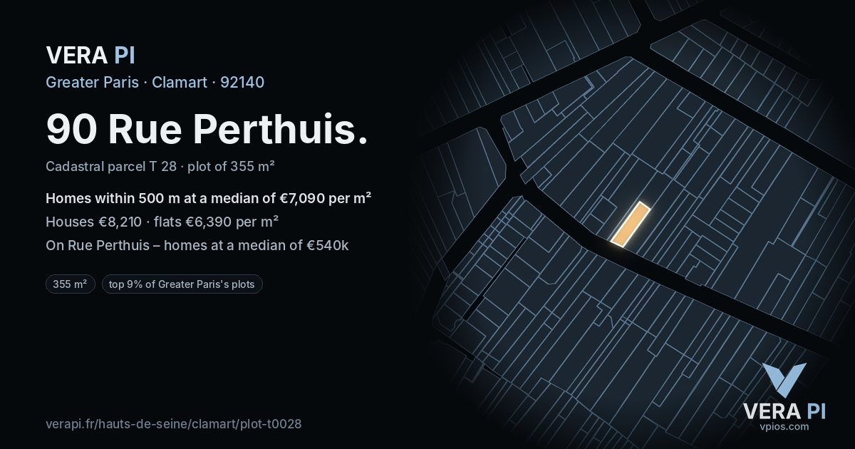 90 Rue Perthuis, Clamart at night – the plot lit, the parcels around coloured by the prices near them