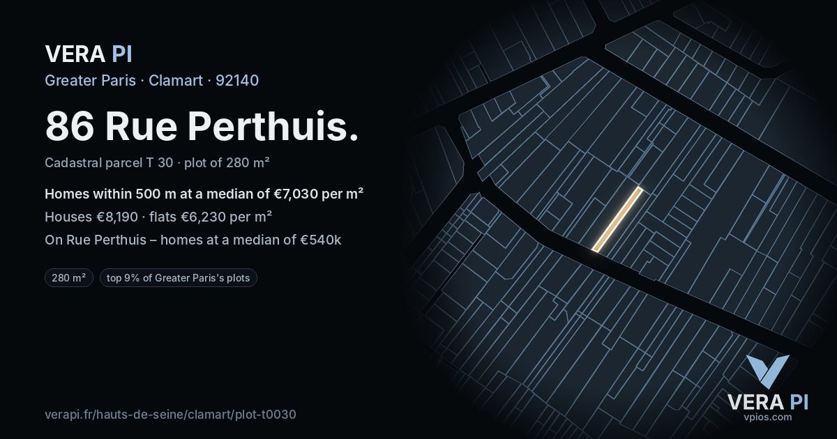 86 Rue Perthuis, Clamart at night – the plot lit, the parcels around coloured by the prices near them