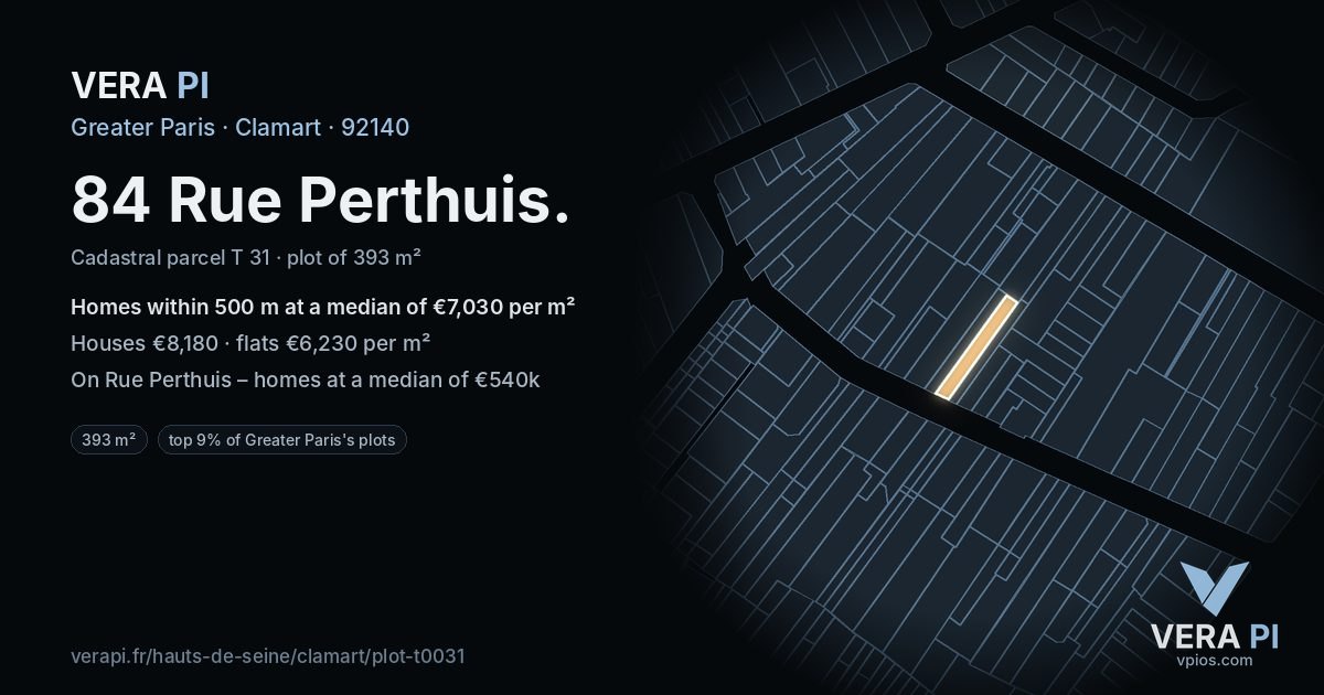 84 Rue Perthuis, Clamart at night – the plot lit, the parcels around coloured by the prices near them