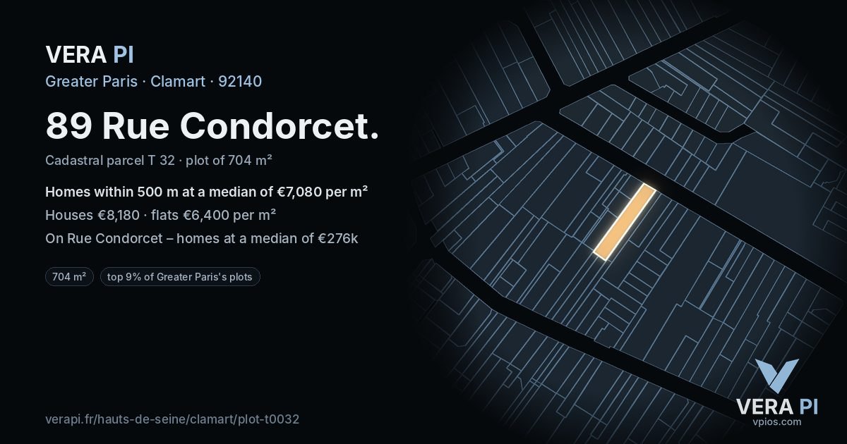 89 Rue Condorcet, Clamart at night – the plot lit, the parcels around coloured by the prices near them