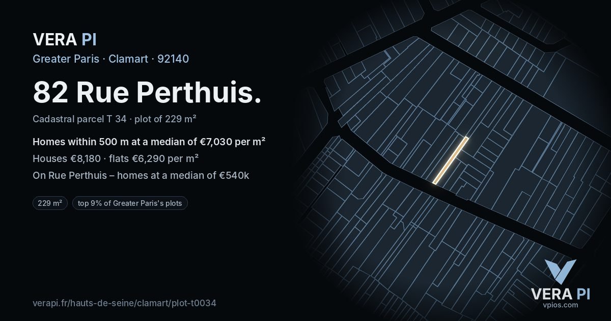 82 Rue Perthuis, Clamart at night – the plot lit, the parcels around coloured by the prices near them