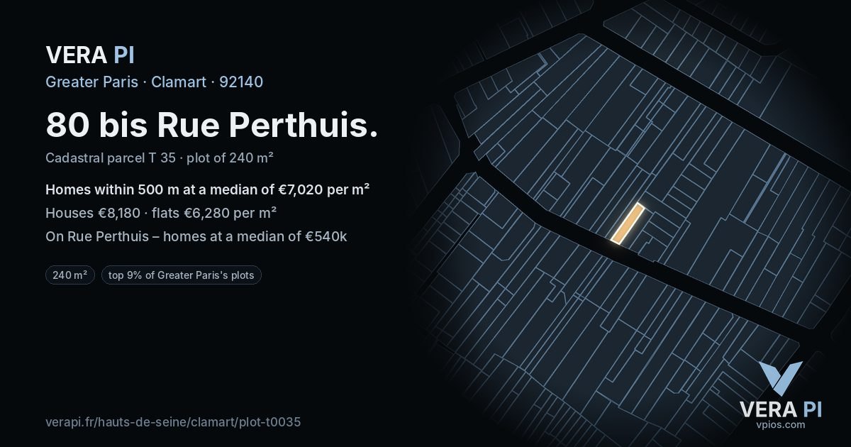 80 bis Rue Perthuis, Clamart at night – the plot lit, the parcels around coloured by the prices near them