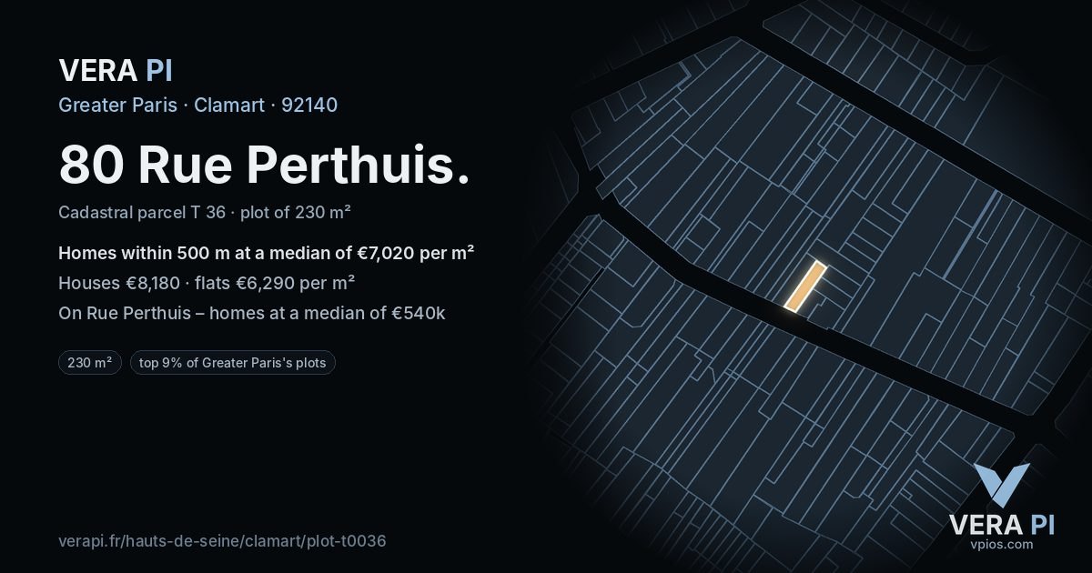 80 Rue Perthuis, Clamart at night – the plot lit, the parcels around coloured by the prices near them