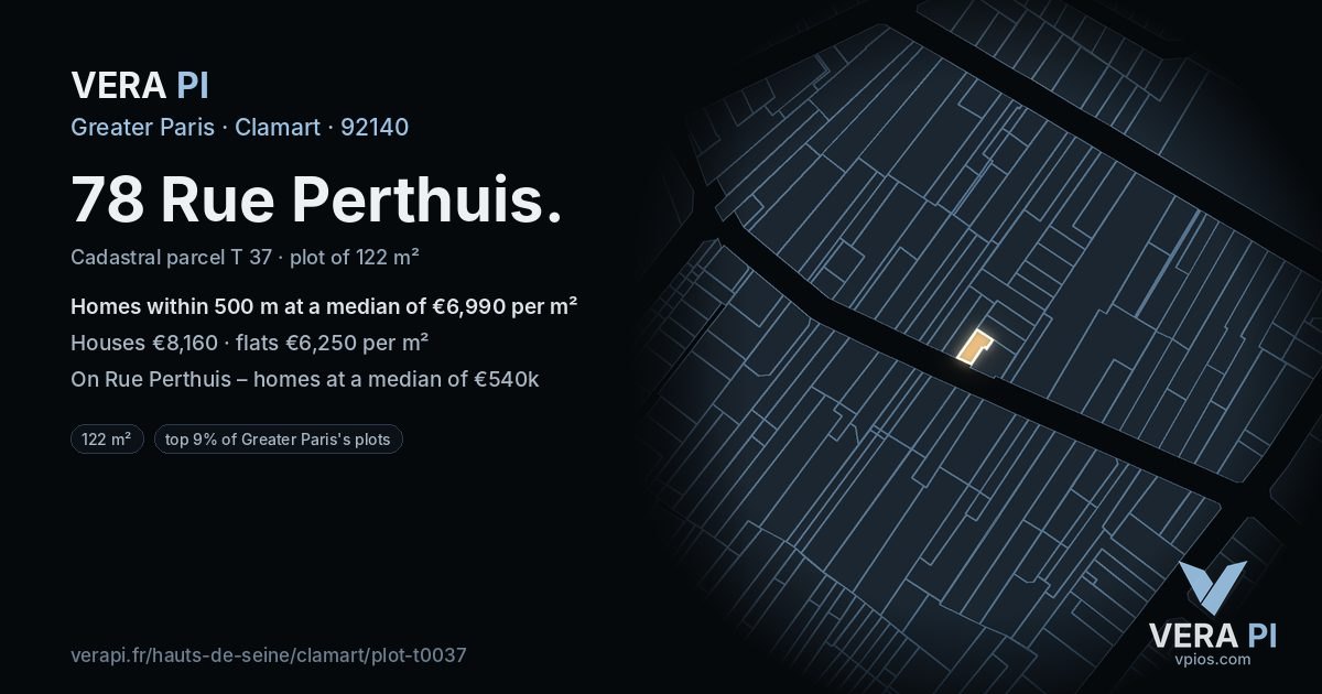78 Rue Perthuis, Clamart at night – the plot lit, the parcels around coloured by the prices near them