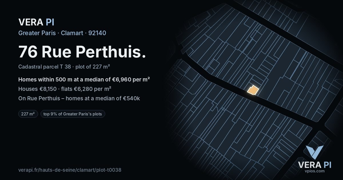 76 Rue Perthuis, Clamart at night – the plot lit, the parcels around coloured by the prices near them