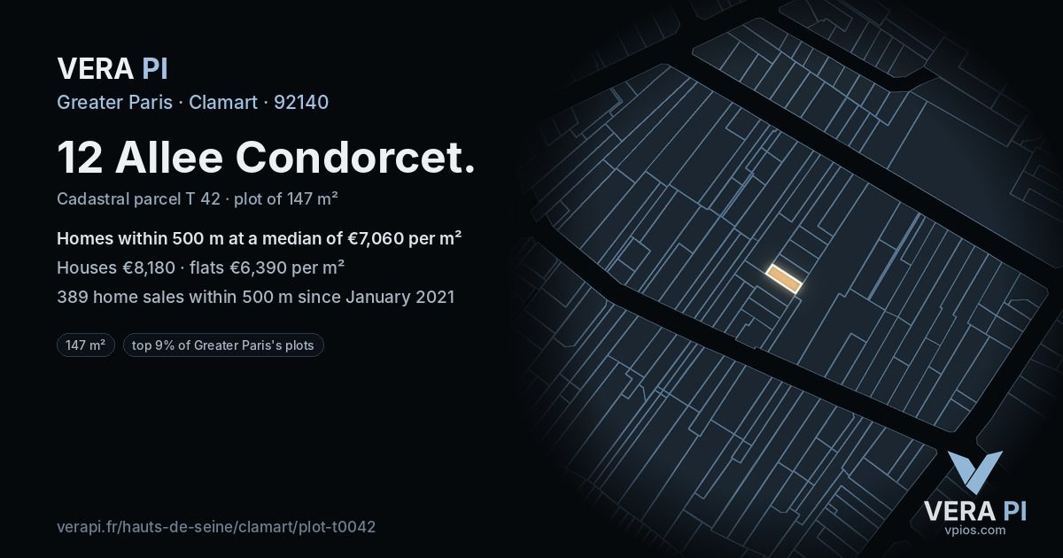 12 Allee Condorcet, Clamart at night – the plot lit, the parcels around coloured by the prices near them