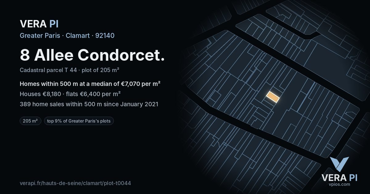 8 Allee Condorcet, Clamart at night – the plot lit, the parcels around coloured by the prices near them