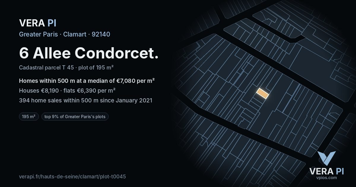 6 Allee Condorcet, Clamart at night – the plot lit, the parcels around coloured by the prices near them