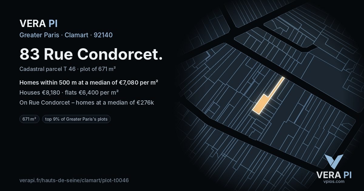 83 Rue Condorcet, Clamart at night – the plot lit, the parcels around coloured by the prices near them