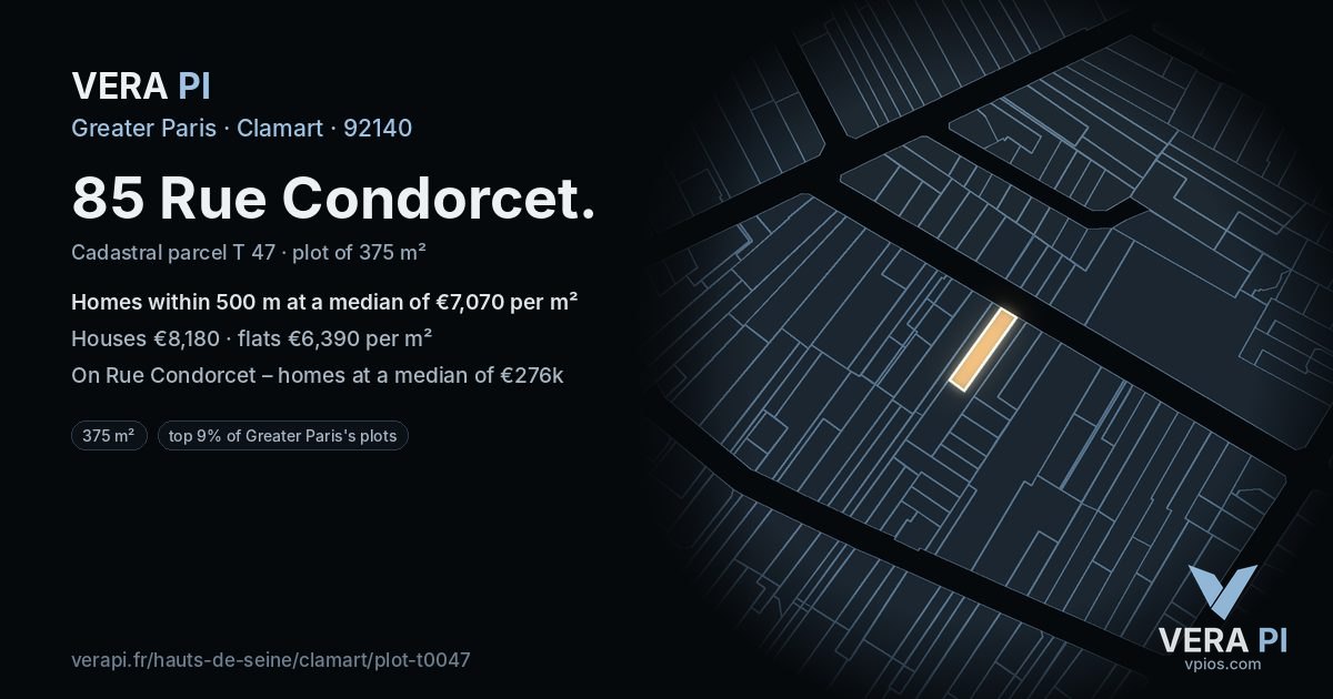85 Rue Condorcet, Clamart at night – the plot lit, the parcels around coloured by the prices near them