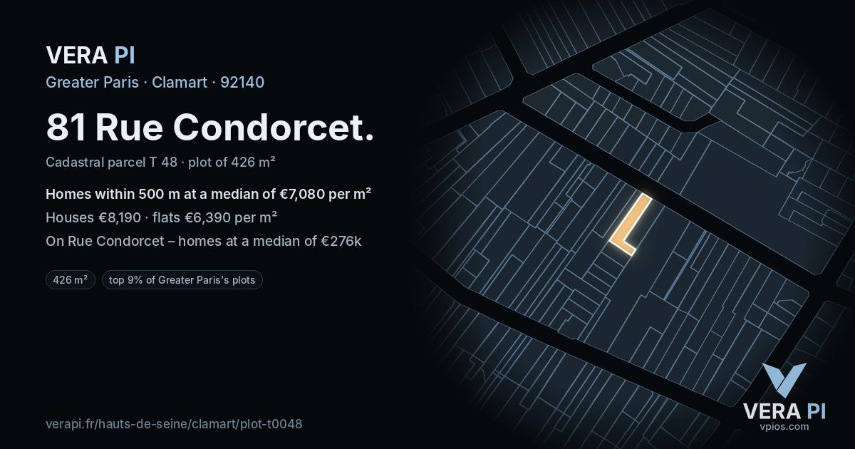 81 Rue Condorcet, Clamart at night – the plot lit, the parcels around coloured by the prices near them