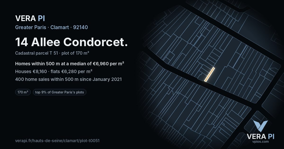 14 Allee Condorcet, Clamart at night – the plot lit, the parcels around coloured by the prices near them