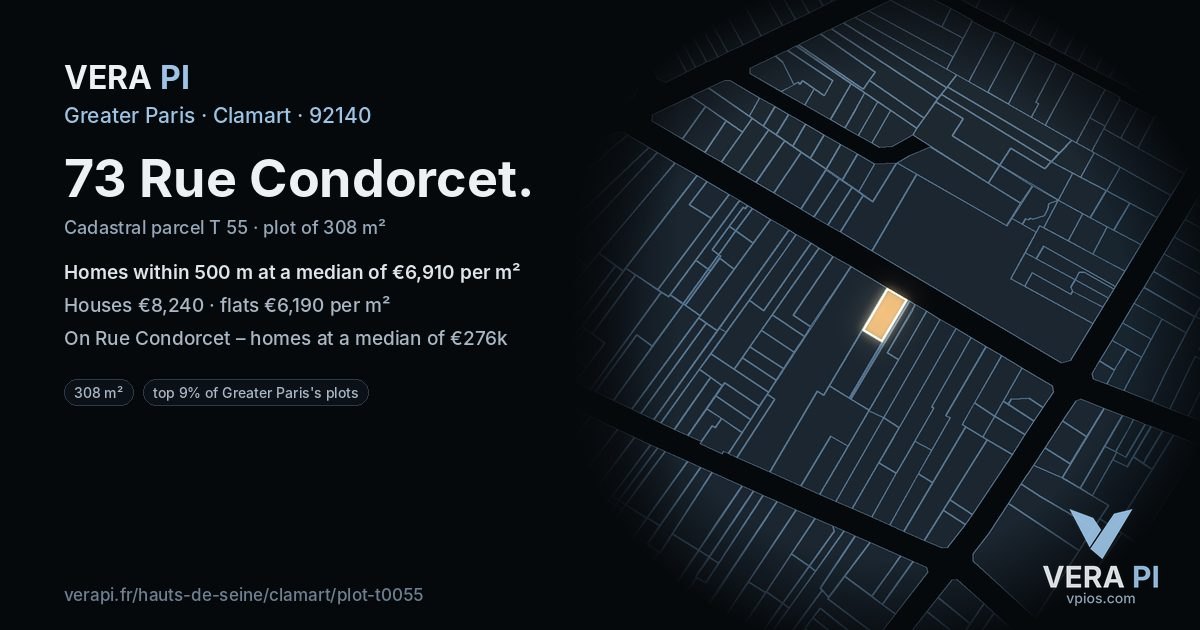73 Rue Condorcet, Clamart at night – the plot lit, the parcels around coloured by the prices near them