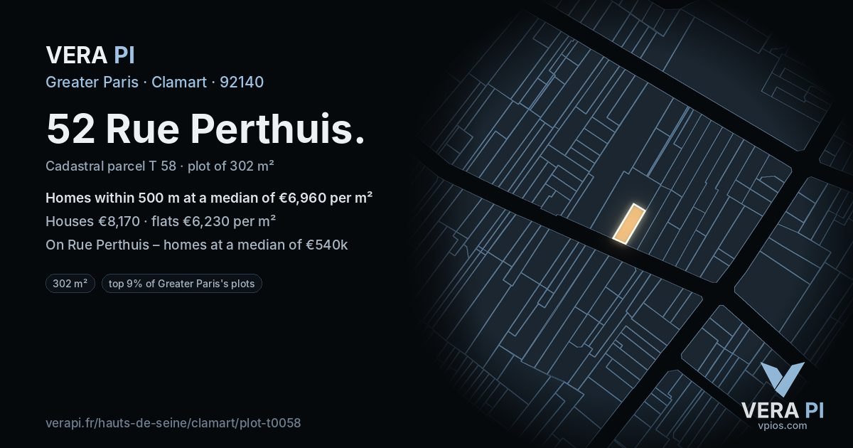 52 Rue Perthuis, Clamart at night – the plot lit, the parcels around coloured by the prices near them