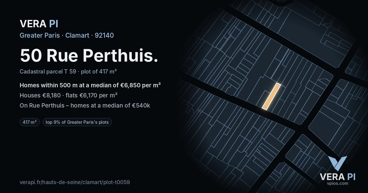 50 Rue Perthuis, Clamart at night – the plot lit, the parcels around coloured by the prices near them