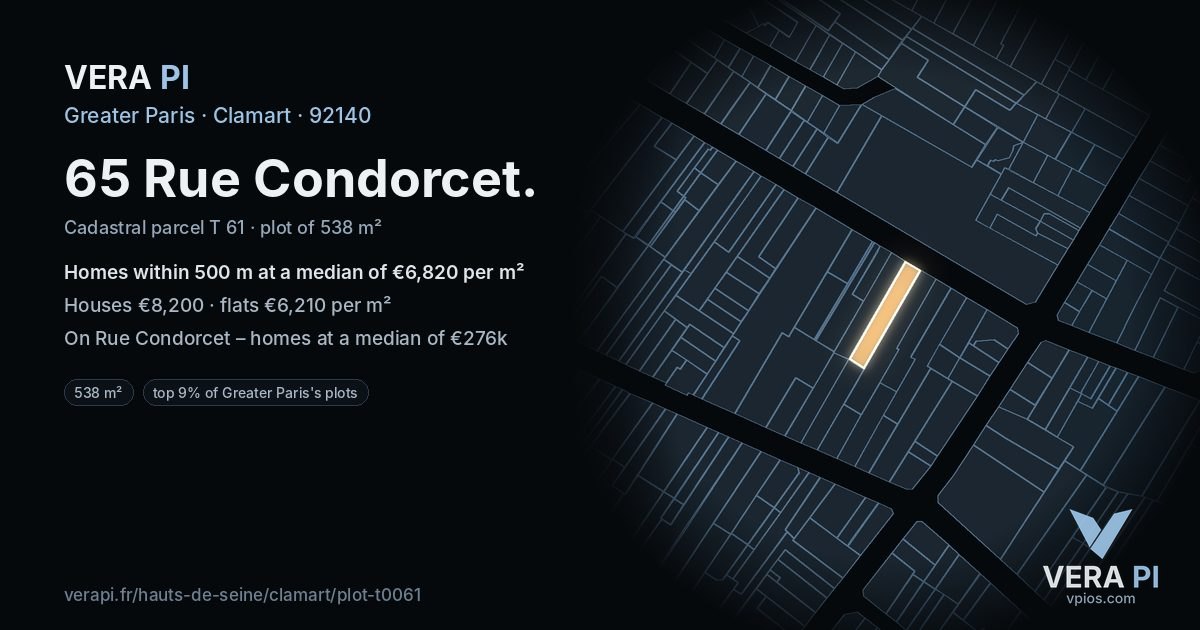 65 Rue Condorcet, Clamart at night – the plot lit, the parcels around coloured by the prices near them