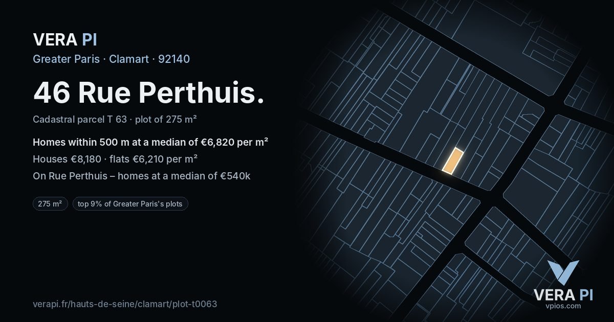 46 Rue Perthuis, Clamart at night – the plot lit, the parcels around coloured by the prices near them