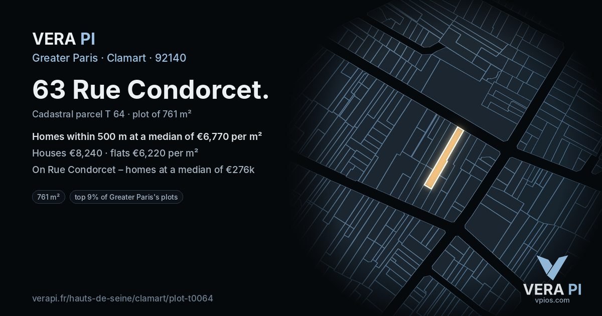 63 Rue Condorcet, Clamart at night – the plot lit, the parcels around coloured by the prices near them