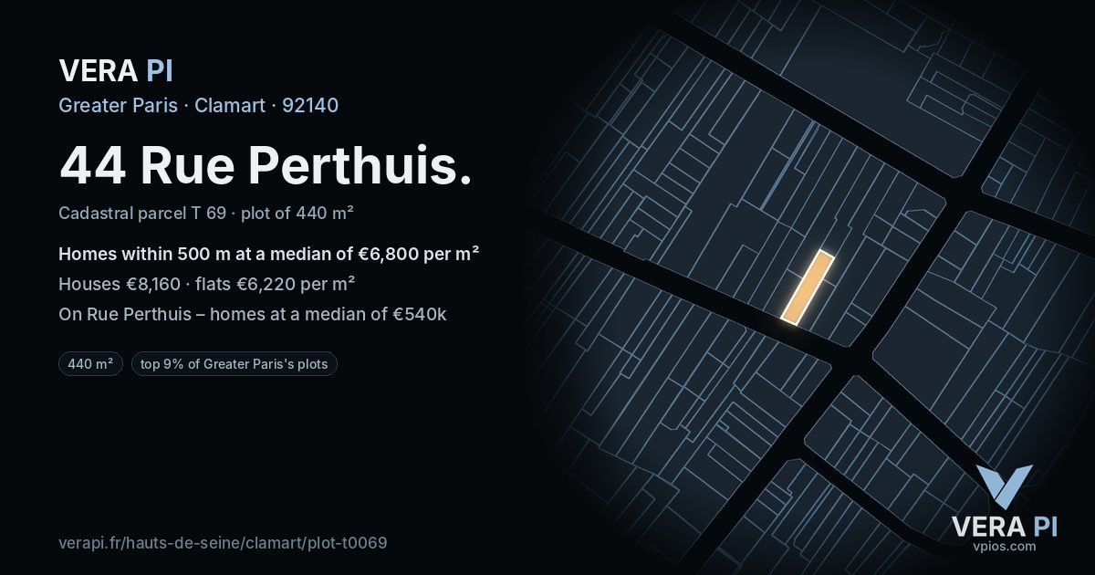 44 Rue Perthuis, Clamart at night – the plot lit, the parcels around coloured by the prices near them