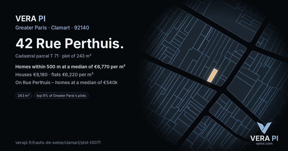 42 Rue Perthuis, Clamart at night – the plot lit, the parcels around coloured by the prices near them