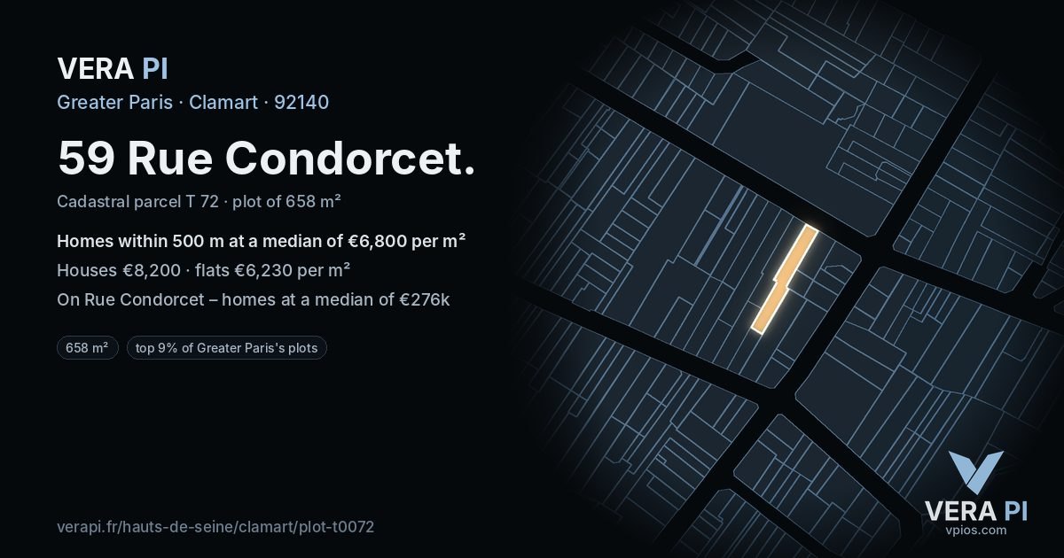 59 Rue Condorcet, Clamart at night – the plot lit, the parcels around coloured by the prices near them