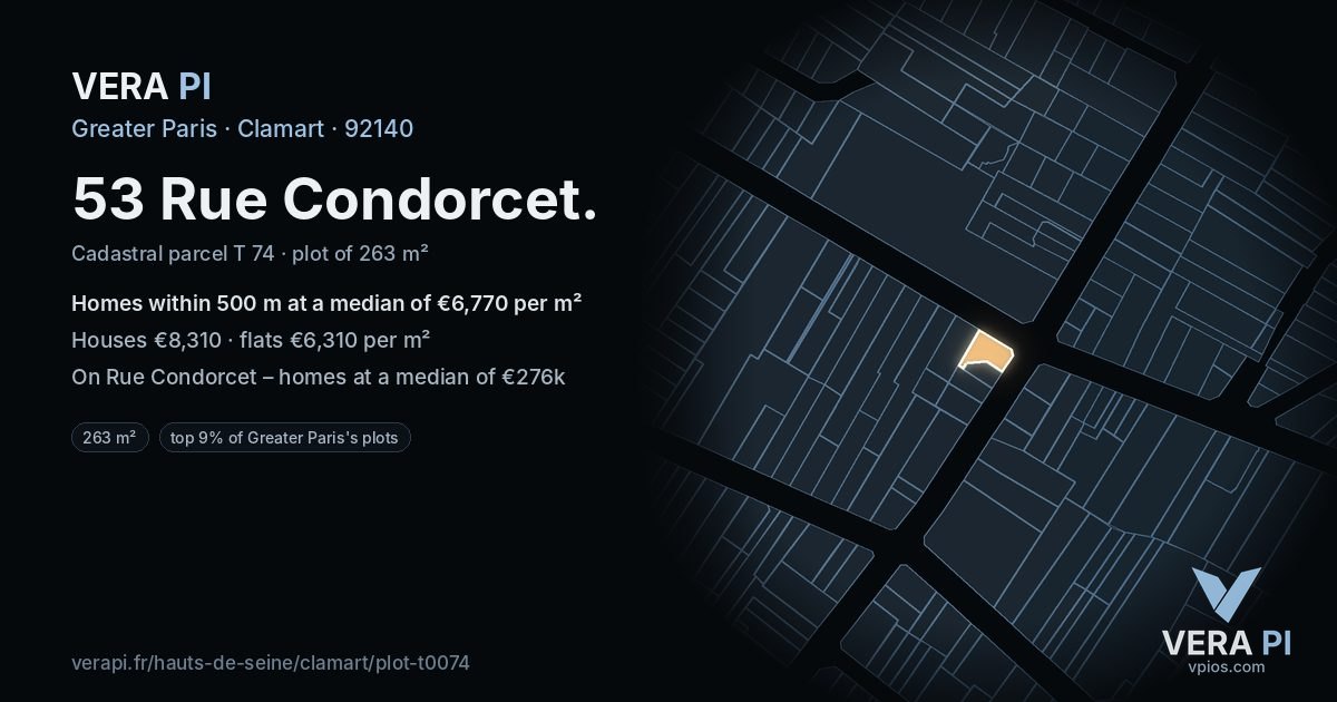 53 Rue Condorcet, Clamart at night – the plot lit, the parcels around coloured by the prices near them