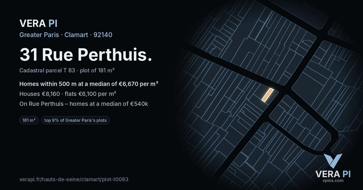 31 Rue Perthuis, Clamart at night – the plot lit, the parcels around coloured by the prices near them