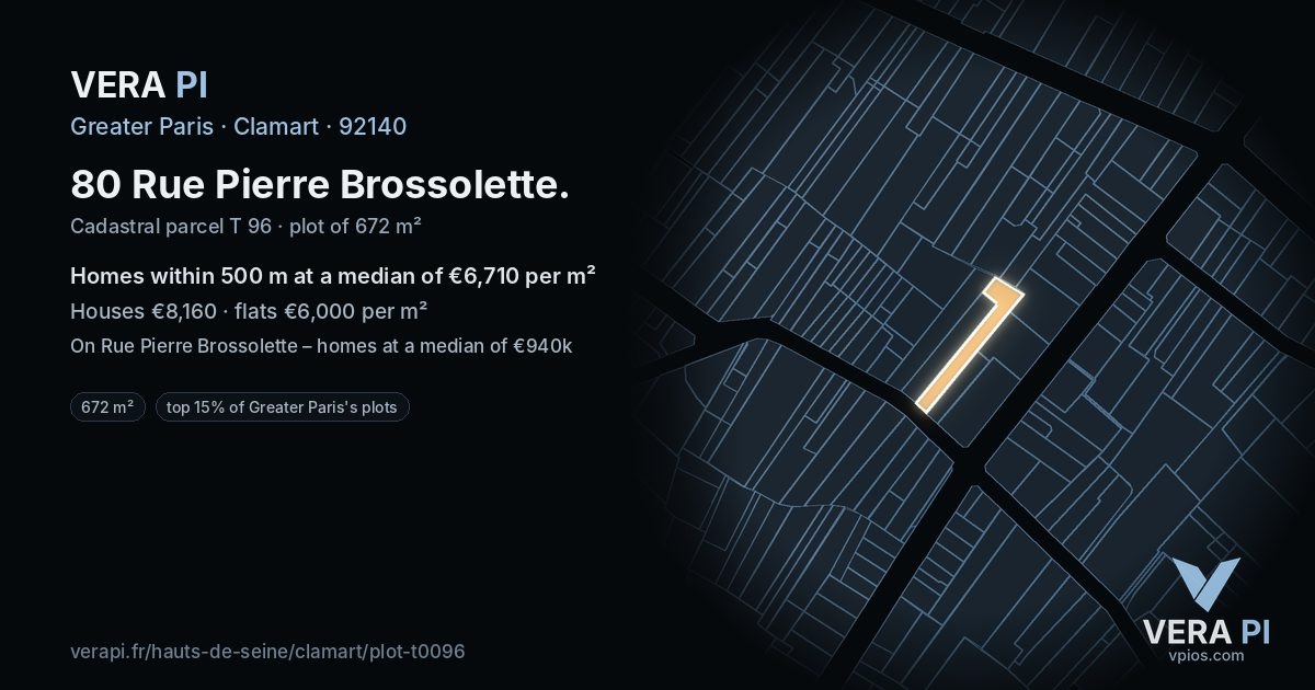 80 Rue Pierre Brossolette, Clamart at night – the plot lit, the parcels around coloured by the prices near them