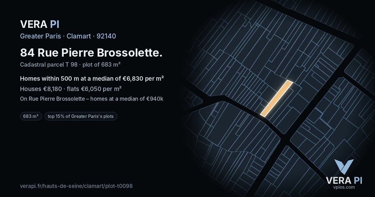 84 Rue Pierre Brossolette, Clamart at night – the plot lit, the parcels around coloured by the prices near them