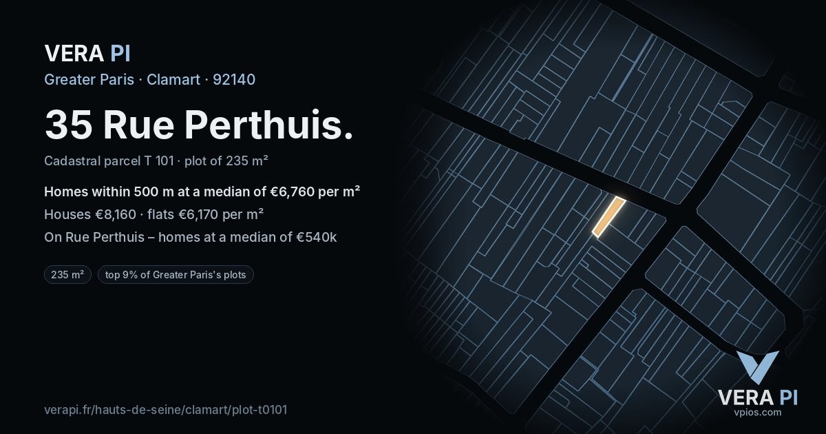 35 Rue Perthuis, Clamart at night – the plot lit, the parcels around coloured by the prices near them